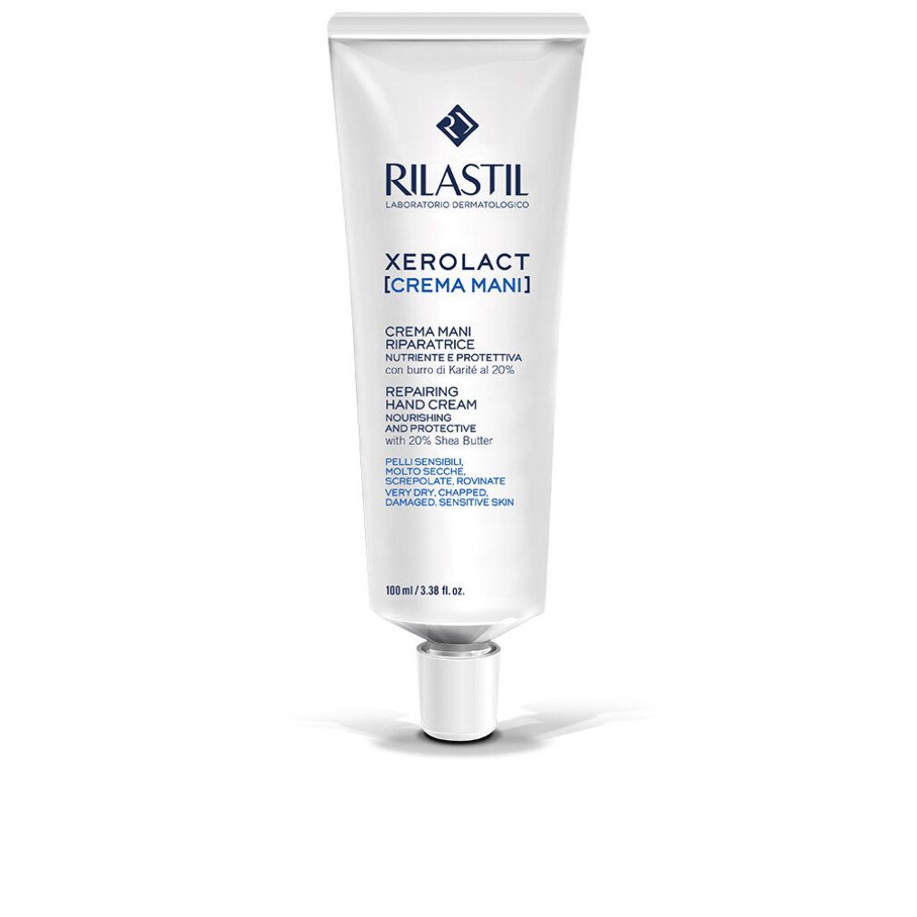Weiße Tube Rilastil Xerolact Crema Mani. Text: Reparierende Handcreme mit Sheabutter. 100ml.