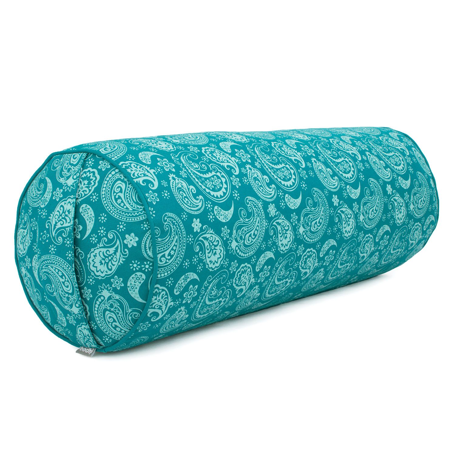 Rundes Yoga-Bolster, petrolfarben, Paisley-Muster. Zylindrische Form, Stoffbezug. Kapok-Füllung.