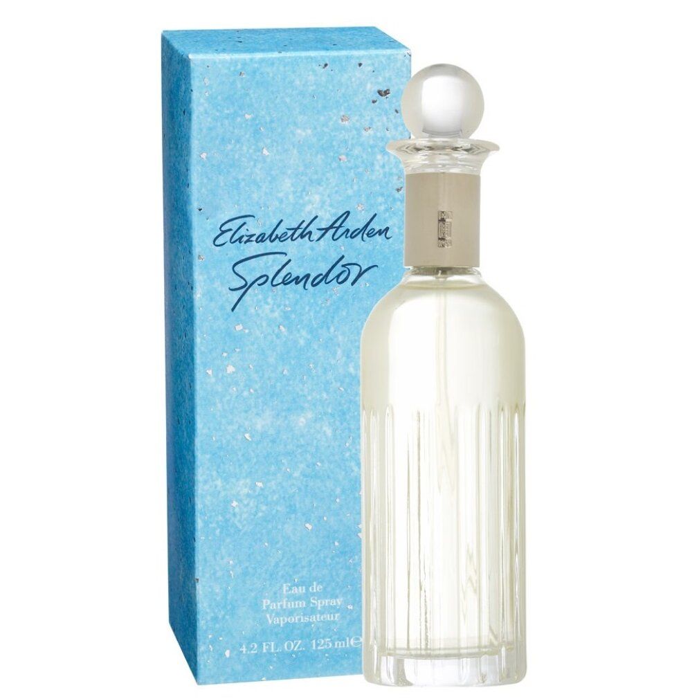 Flakon mit hellblauer Schachtel. Auf der Schachtel steht Elizabeth Arden Splendor. Der Flakon hat einen silbernen Hals.