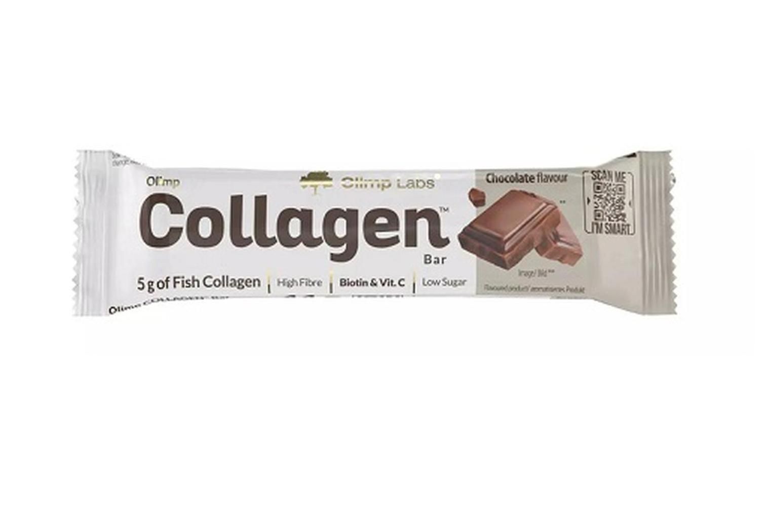 Riegelverpackung mit Aufschrift "Collagen Bar". Enthält Fischkollagen, Biotin & Vit. C. Schokoladengeschmack.