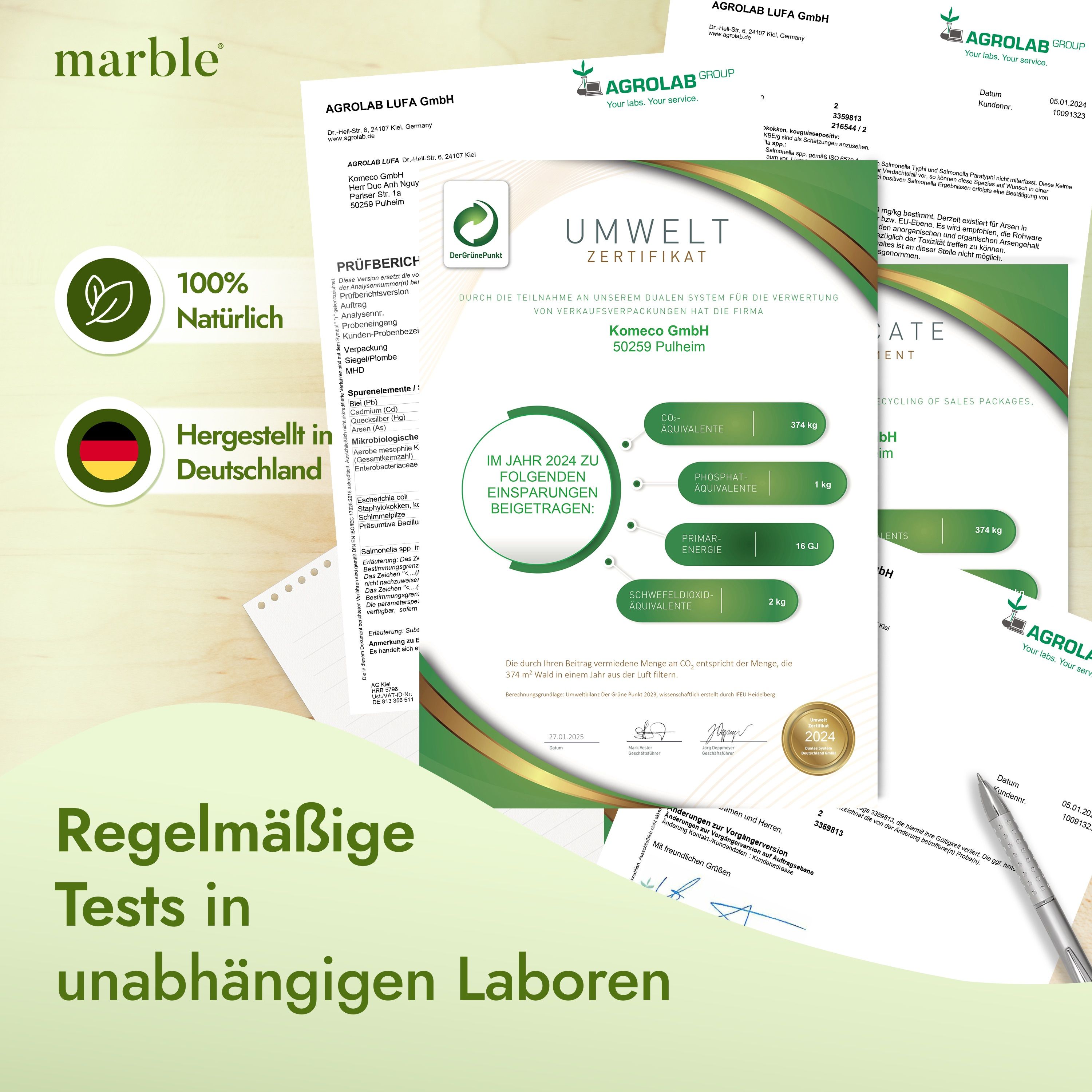 Zertifikate von Agrolab, Umweltzertifikat, '100% Natürlich', 'Hergestellt in Deutschland'. Regelmäßige Tests in unabhängigen Laboren.