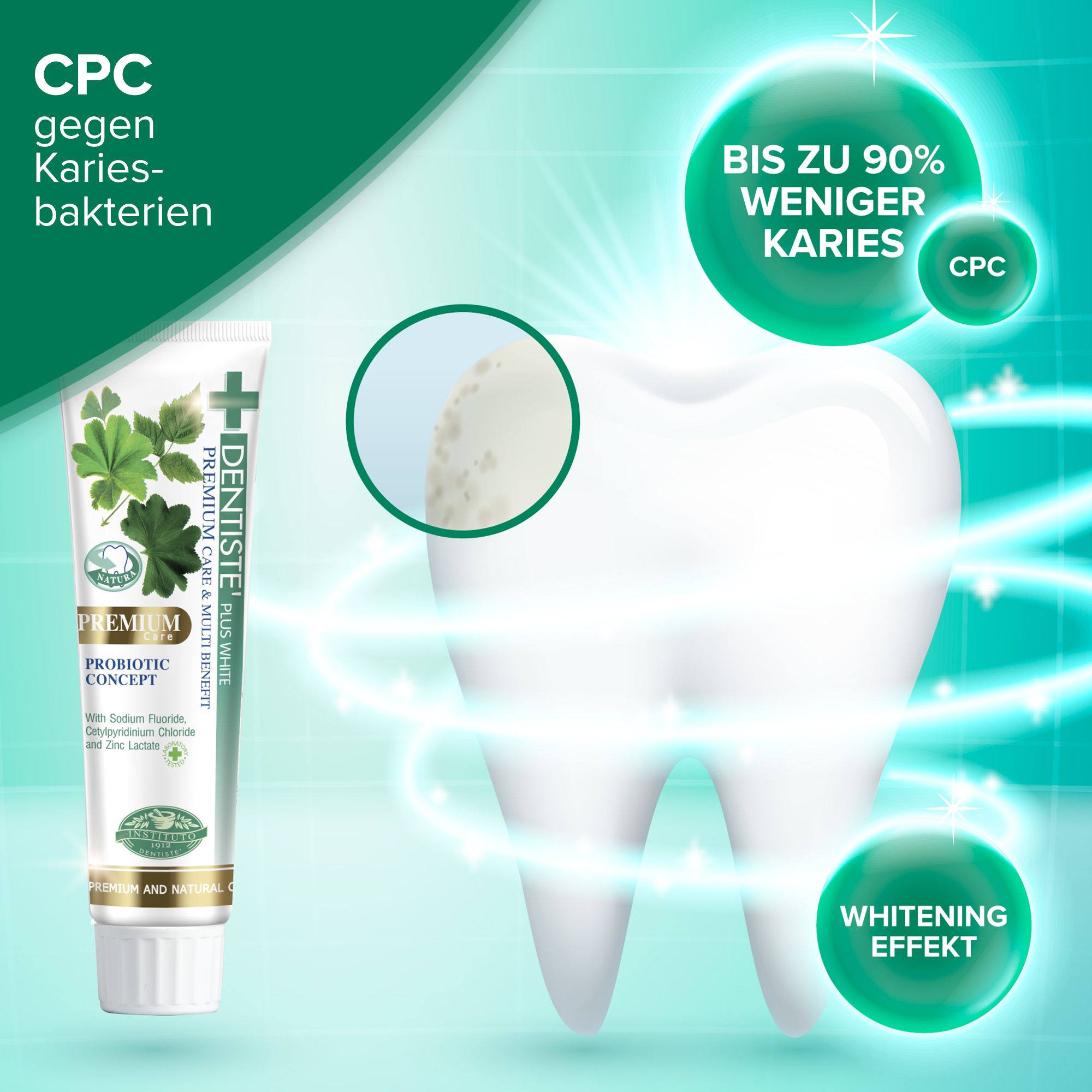 Zahnpasta-Tube mit Text und Zahn-Illustration. CPC gegen Kariesbakterien. Bis zu 90% weniger Karies. Whitening Effekt. Mit Natriumfluorid.
