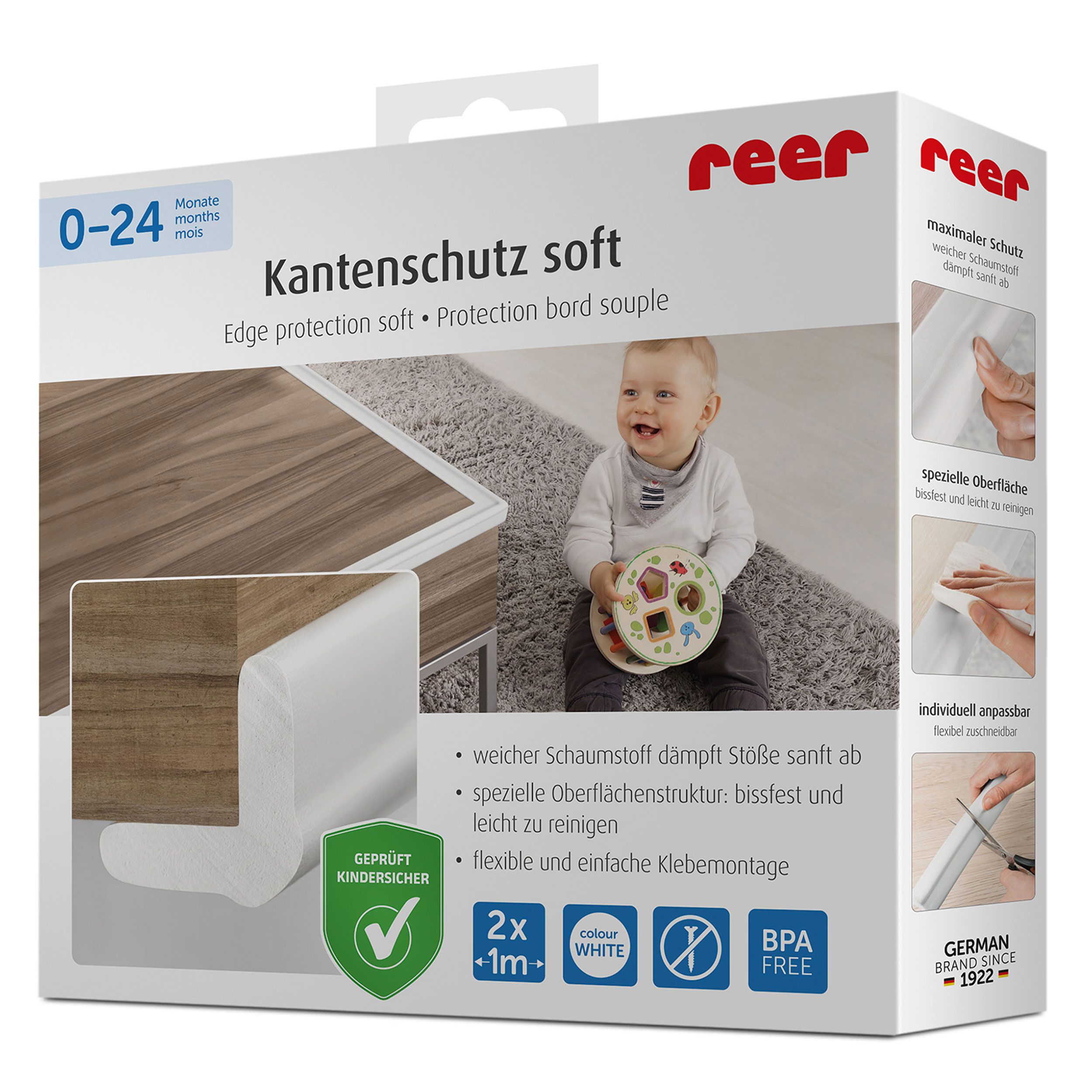 Verpackung von reer Kantenschutz soft. Auf der Verpackung ist ein Baby abgebildet. Mit Zertifizierungen.