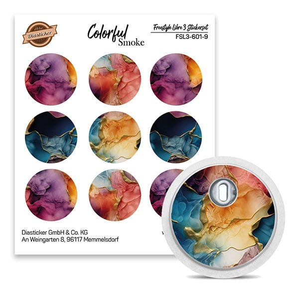 Aufkleber-Set für Freestyle Libre 3. Neun runde Aufkleber mit farbenfrohem Rauch-Design. Ein Sensor mit aufgeklebtem Aufkleber.