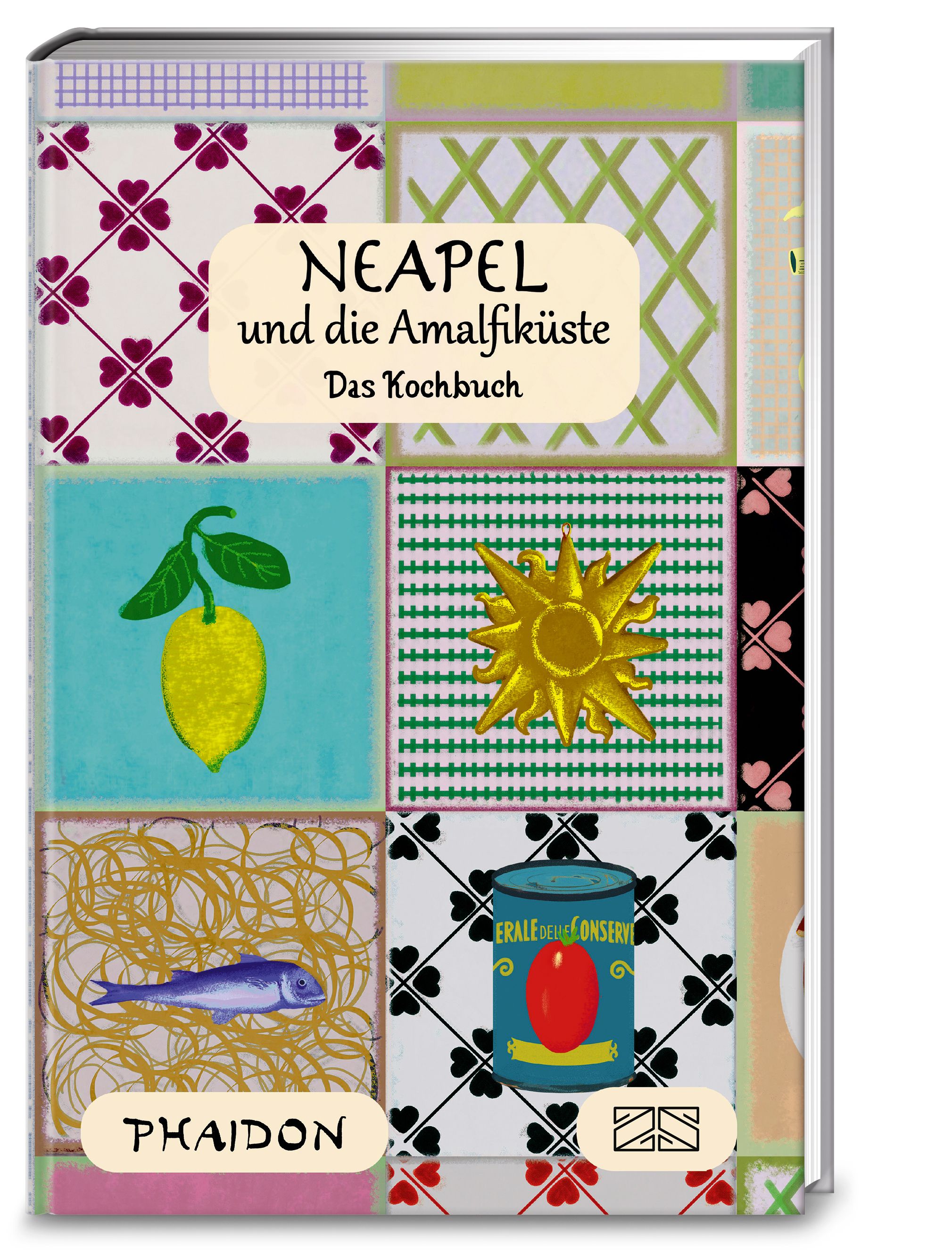 Buchcover mit Titel "Neapel und die Amalfiküste". Bunte, quadratische Muster mit Illustrationen von Zitrone, Fisch, Sonne und Dose.