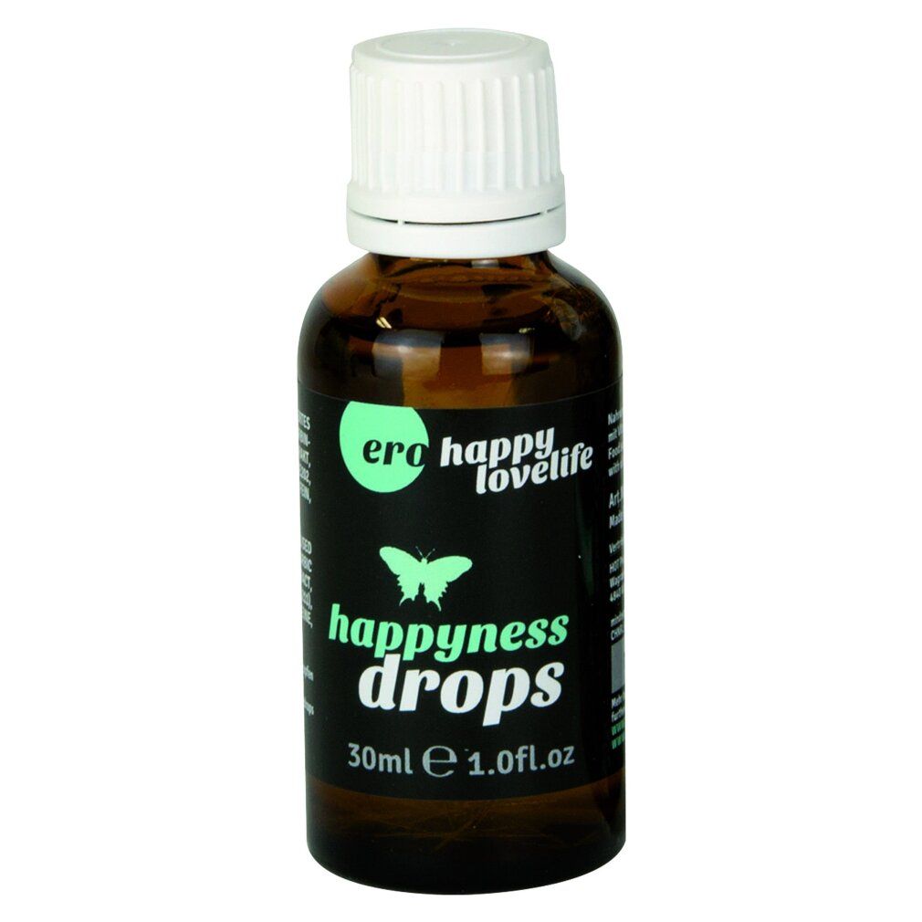 Braune Glasflasche mit weißem Verschluss und schwarzem Etikett 'happiness drops'.