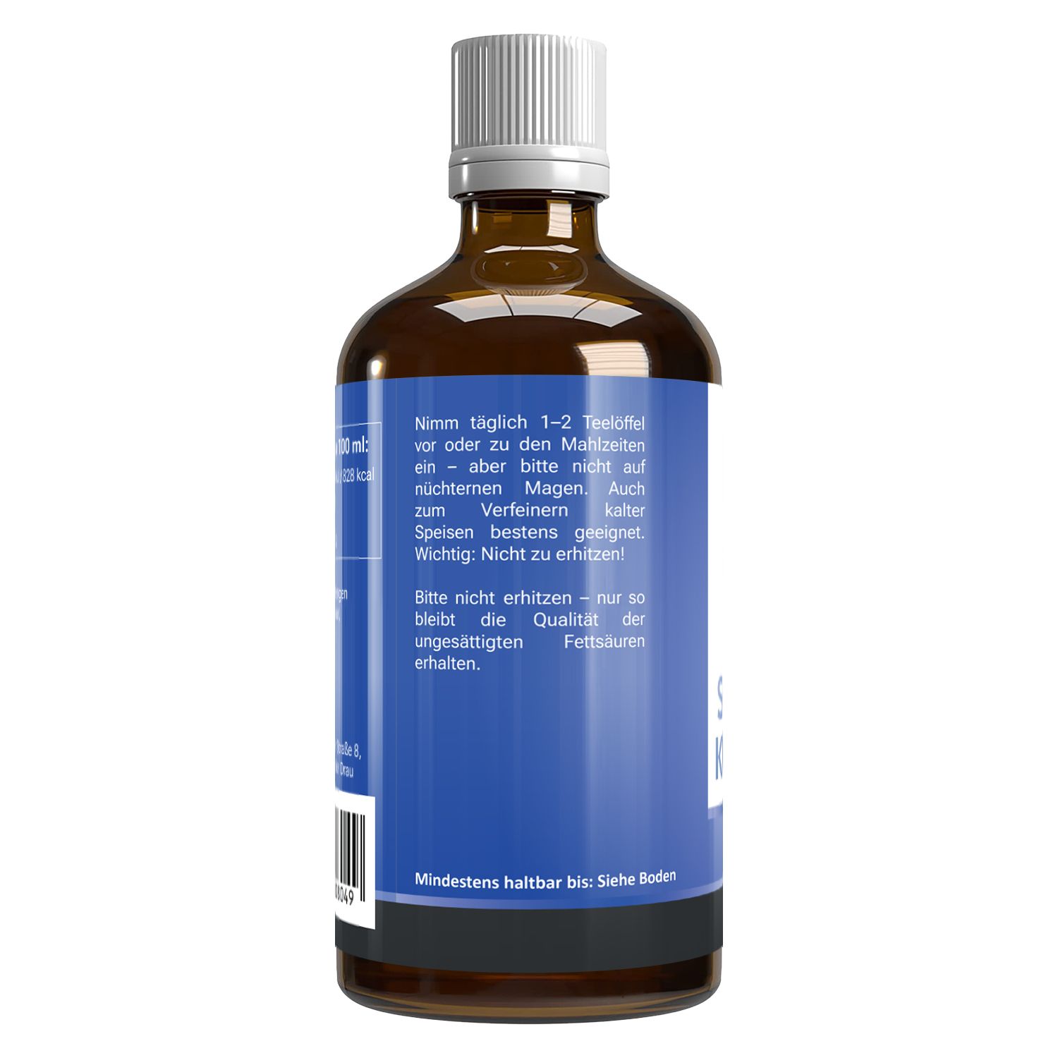 Rückseite der braunen Glasflasche mit blauem Etikett. Text: SCHWARZKÜMMELÖL, 50 ml. Text: Anwendung. Barcode.