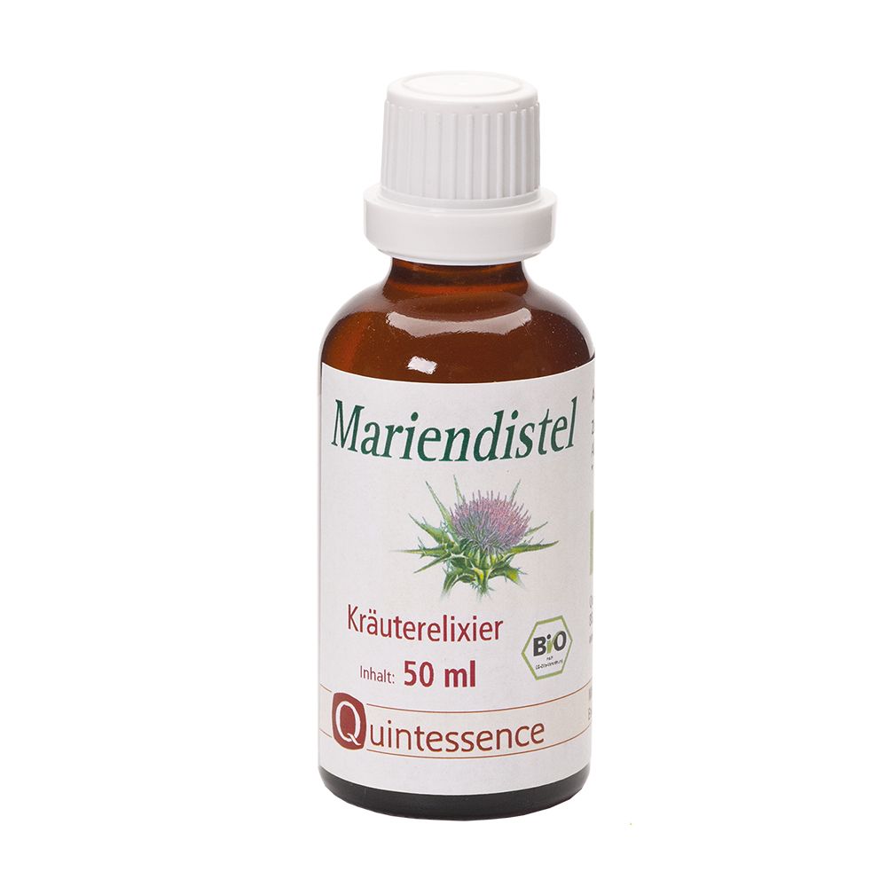 Braune Glasflasche mit weißem Etikett. Mariendistel Kräuterelixier, 50 ml, Bio-Siegel, Quintessence-Logo.