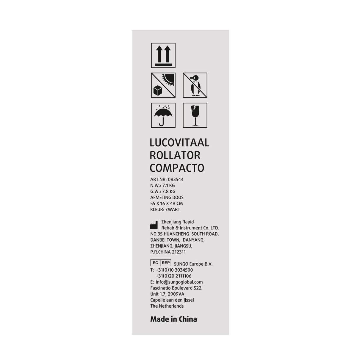 Étiquette avec informations produit: Lucovitaal Rollator Compacto, noir. Fabriqué en Chine.