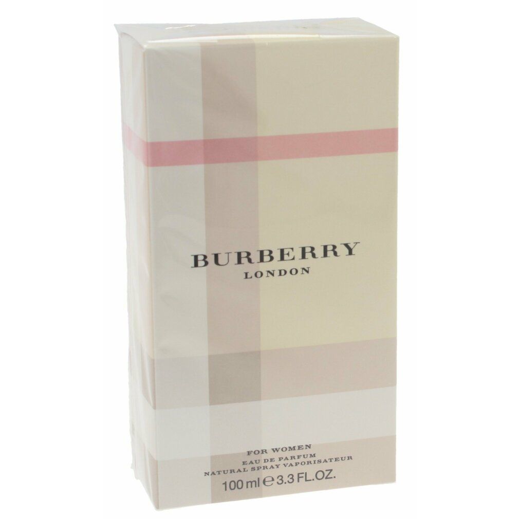 Burberry London Eau de Parfum, verpackt. Beige karierte Verpackung mit Logo und Text. Transparente Folie.