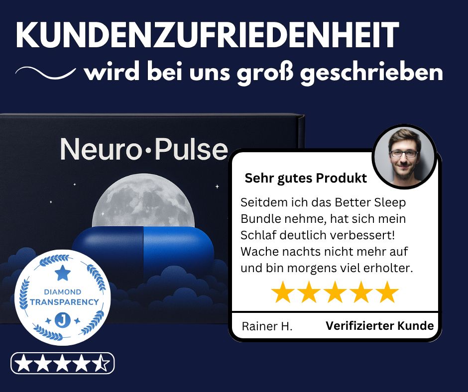 Box mit Logo und Mond-Design. Text: Kundenzufriedenheit. Zitat: Sehr gutes Produkt. Diamond Transparency Siegel. Verifizierter Kunde.