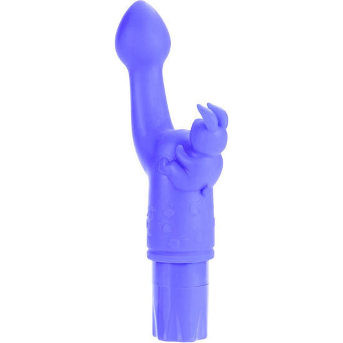 Lila Vibrator mit Hasen-Design. Silikon, ergonomische Form. Blütenmuster am Griff. 