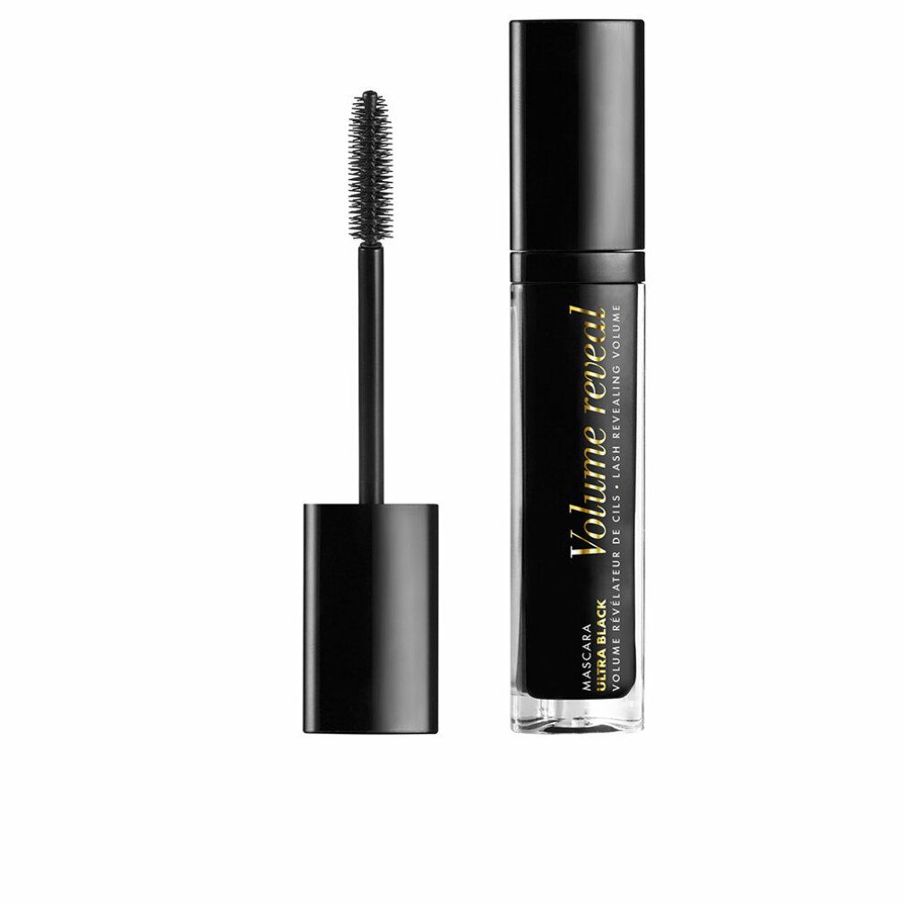 Schwarze Mascara-Tube mit Bürste. Aufschrift: Volume Reveal. Bürste mit Borsten. Goldfarbene Schrift.