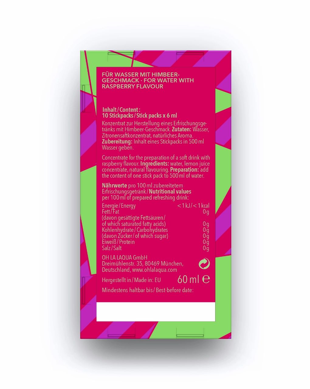 Rückseite der Kartonverpackung. Text in Deutsch und Englisch. Enthält Informationen zu Inhaltsstoffen, Nährwerten und Hersteller.