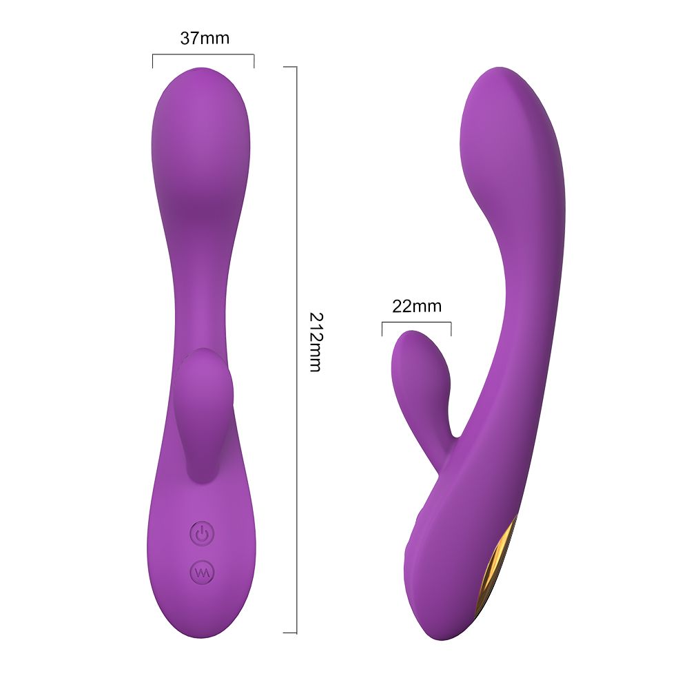 Lila Vibrator mit zwei Enden. Abmessungen: 212mm lang, 37mm breit am oberen Ende, 22mm am kleineren Ende. Knöpfe sichtbar.