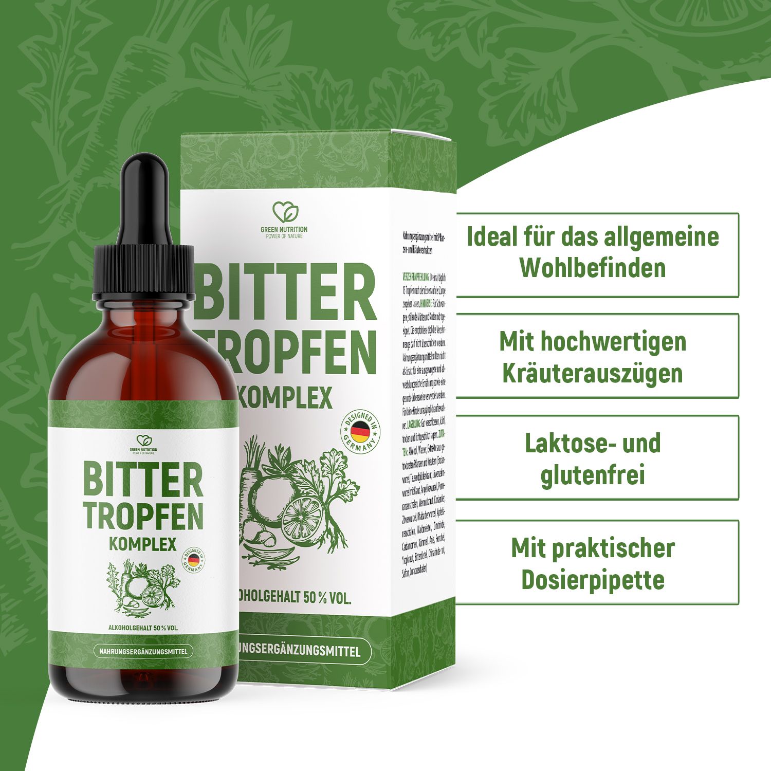 Braune Glasflasche mit Tropfer und Verpackung. Aufschrift: Bitter Tropfen Komplex. Enthält Kräuterauszüge, laktose- und glutenfrei.