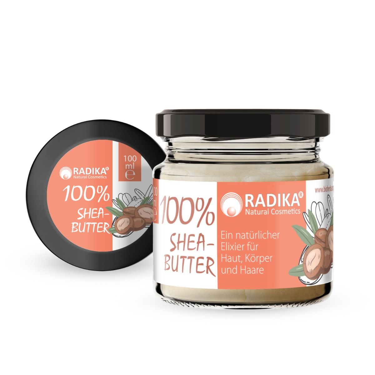 Glas mit Deckel, Aufschrift 100% Shea-Butter. Daneben ein offener Deckel mit Aufschrift. Produktname und Logo sichtbar.