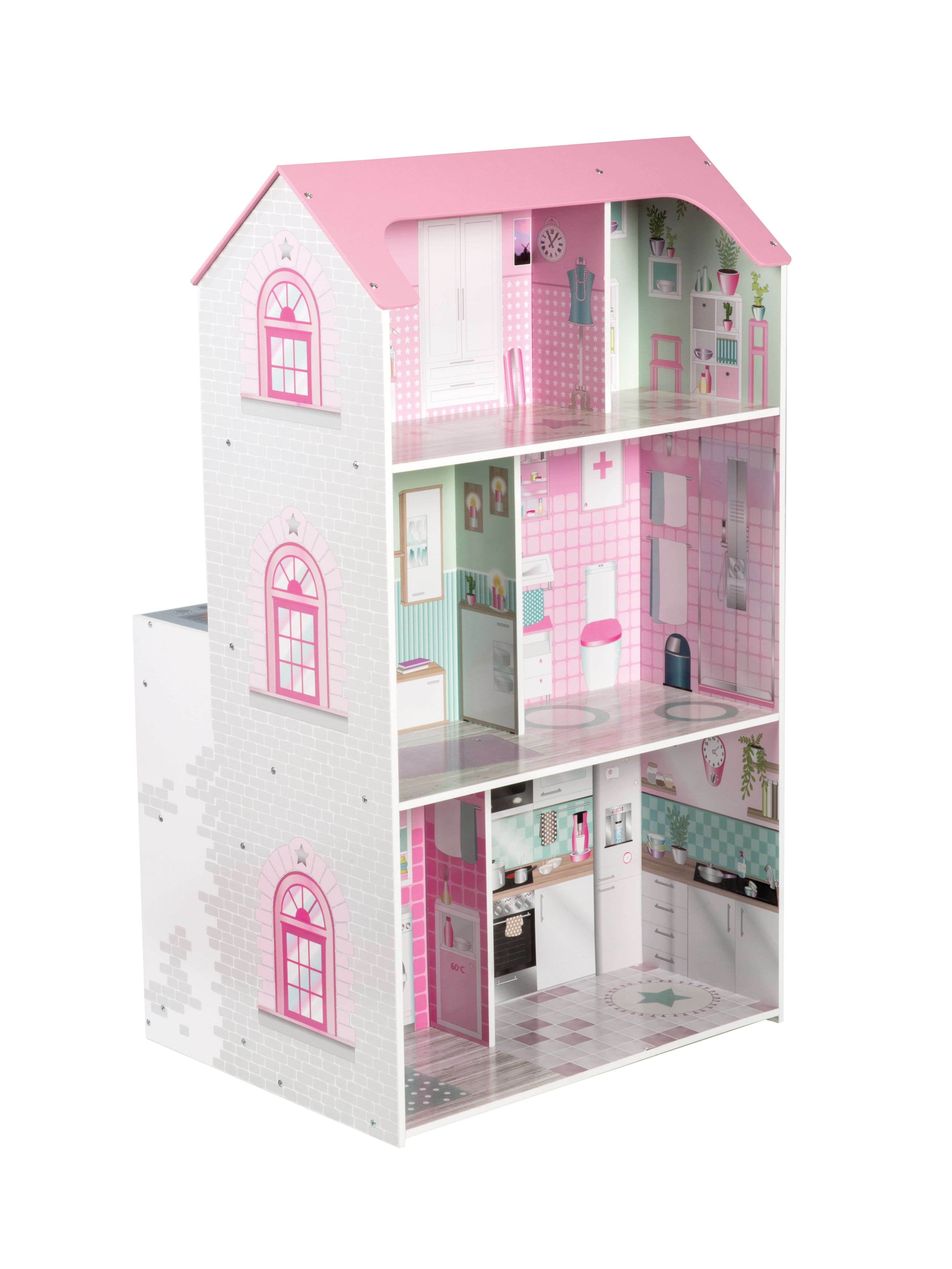 Spielhaus mit rosa Dach und Fenstern. Mehrere Etagen mit Küche, Bad und Schlafzimmer.