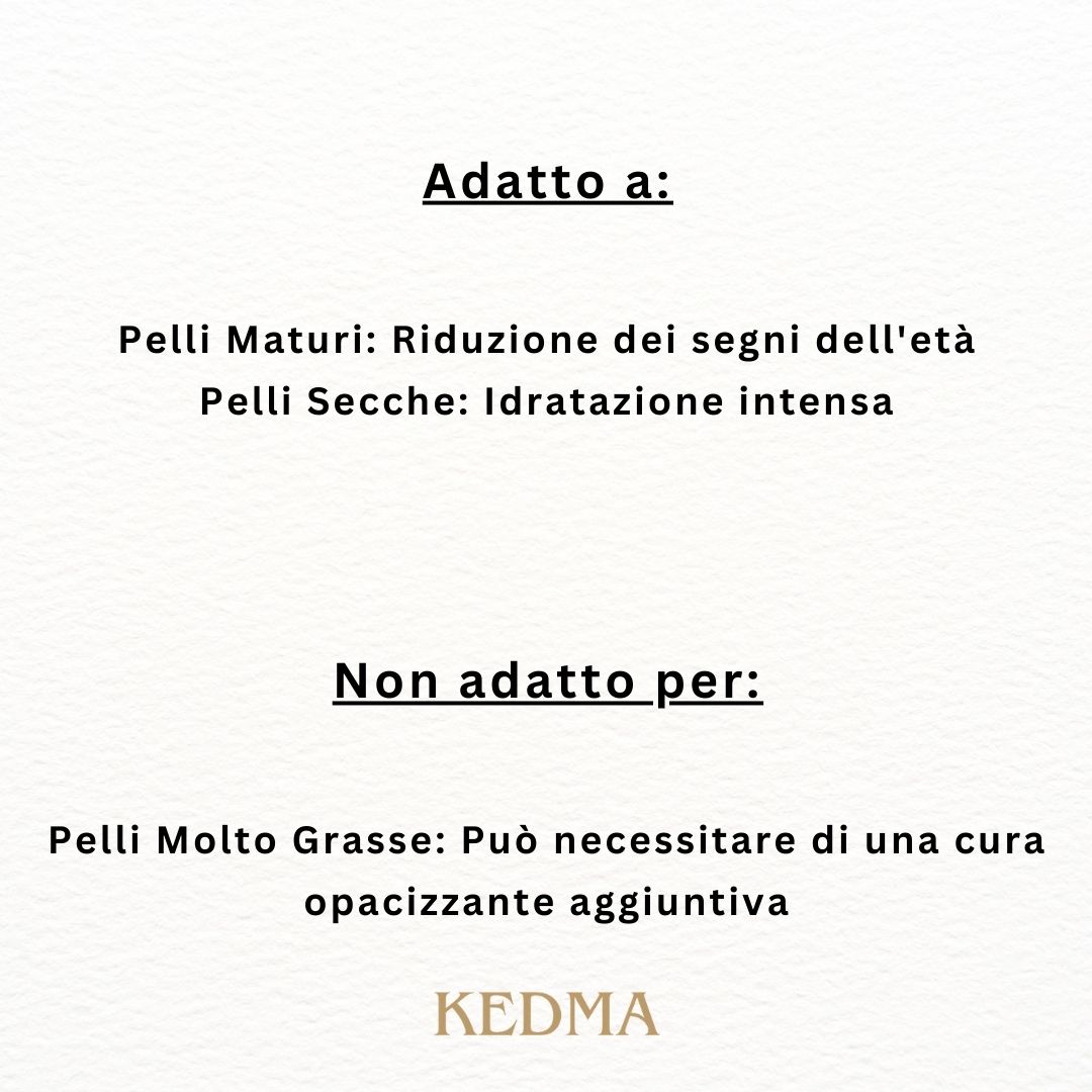 Testo: Adatto a: pelli mature, pelli secche. Non adatto per: pelli molto grasse. KEDMA.