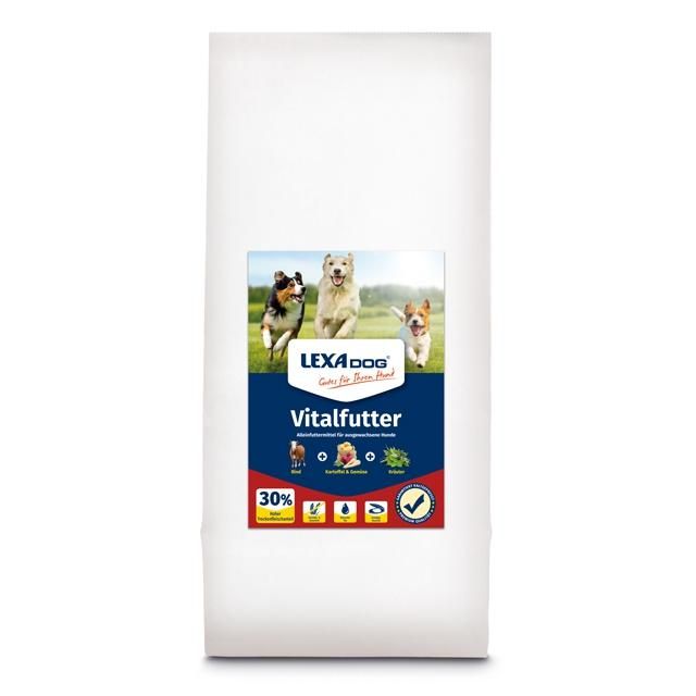 Weißer Beutel mit Produktetikett. LEXA Dog Vitalfutter. Hunde auf Etikett. 30% auf rotem Feld. Siegel.