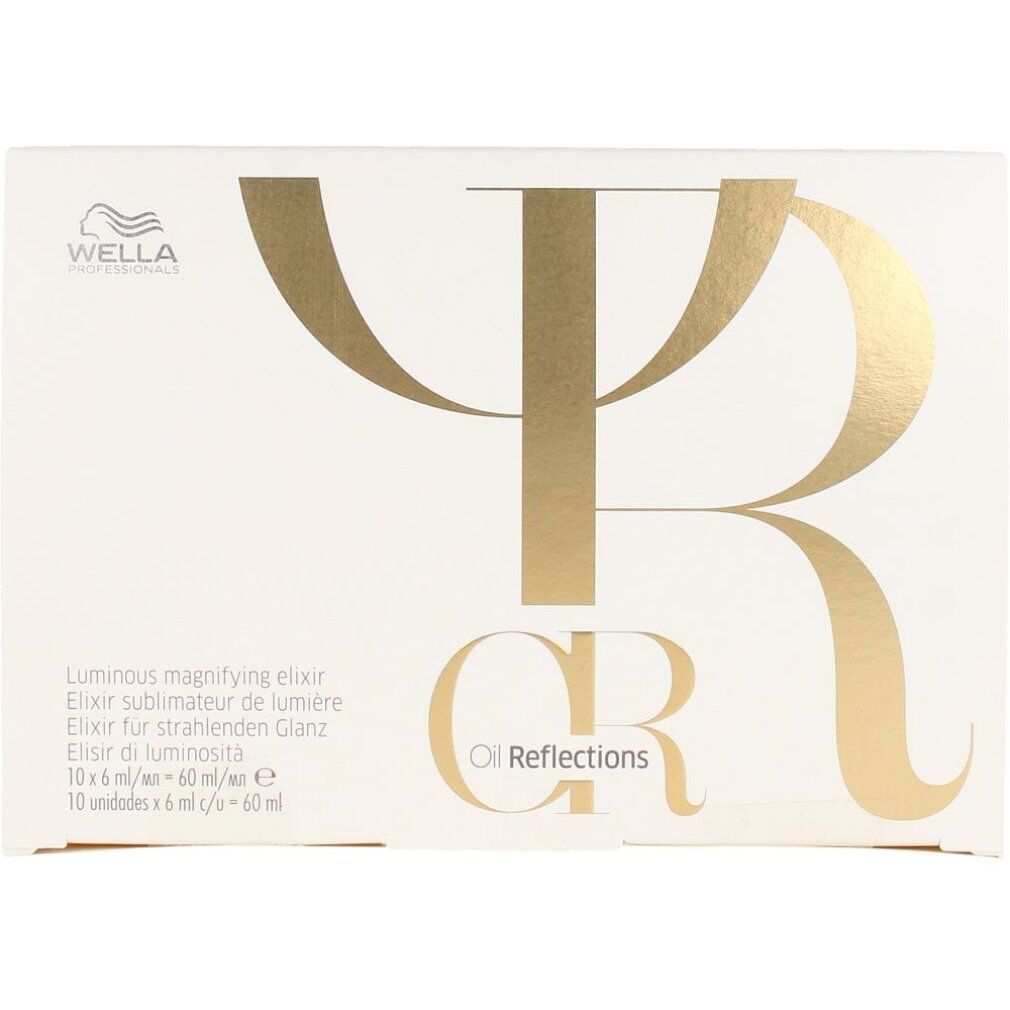 Weiße Produktverpackung mit goldfarbenem Logo und Schriftzug. Enthält Text: Oil Reflections, Luminous magnifying elixir.