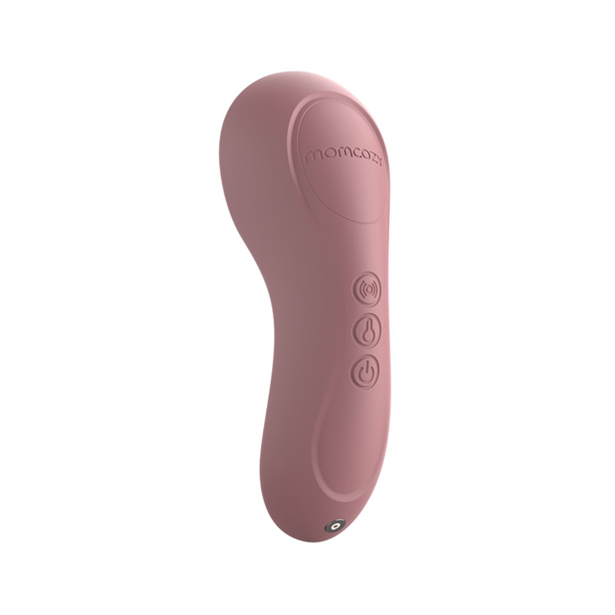 Rosa Massagegerät mit Momcozy-Logo und drei Tasten. Oben, Mitte und unten. Unten ist ein Ladeanschluss.