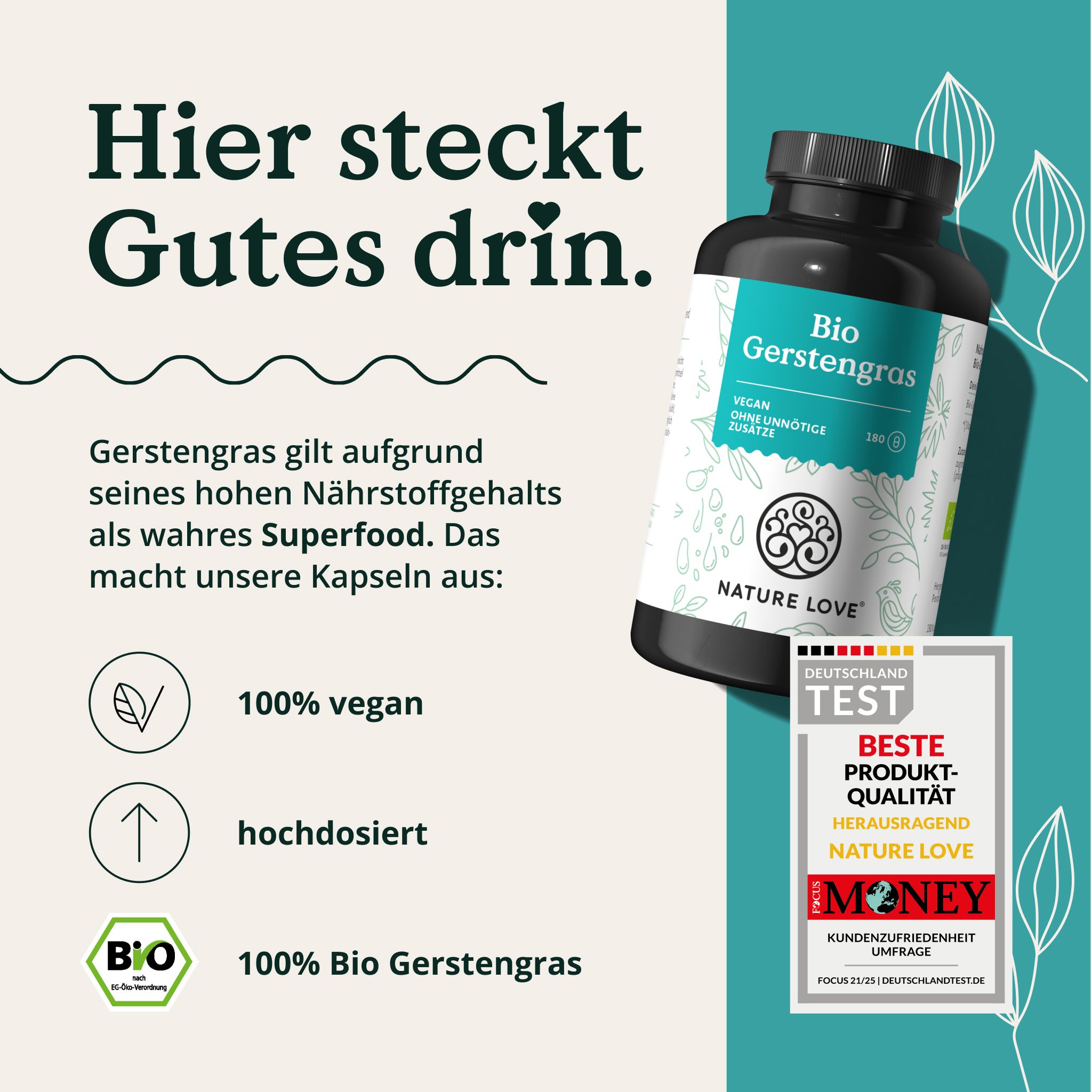 Schwarze Flasche mit Bio Gerstengras Kapseln. Aufschrift: Bio Gerstengras. Logo: NATURE LOVE®. Auszeichnungen: 100% vegan, Bio-Siegel, Money-Auszeichnung.