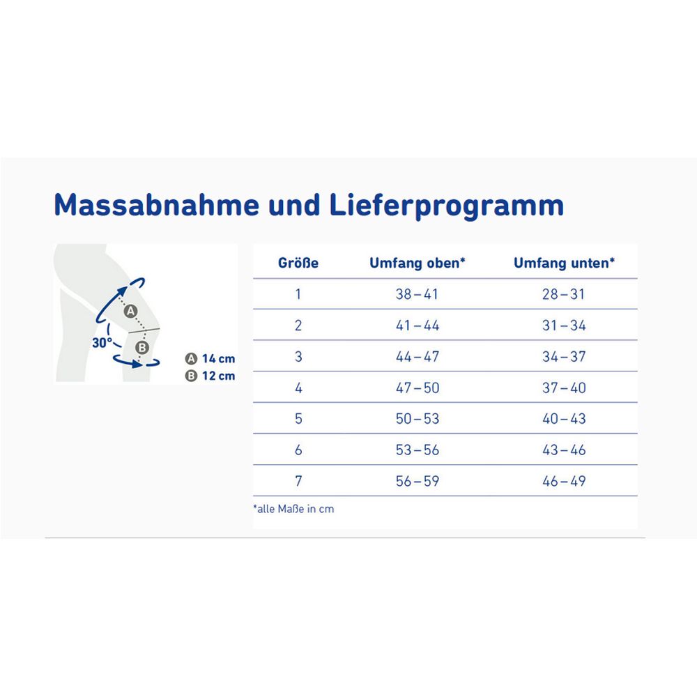 Größentabelle für Kniebandage. Zeigt Maße in cm für Umfang oben und unten. Illustration eines Beins mit Messpunkten.