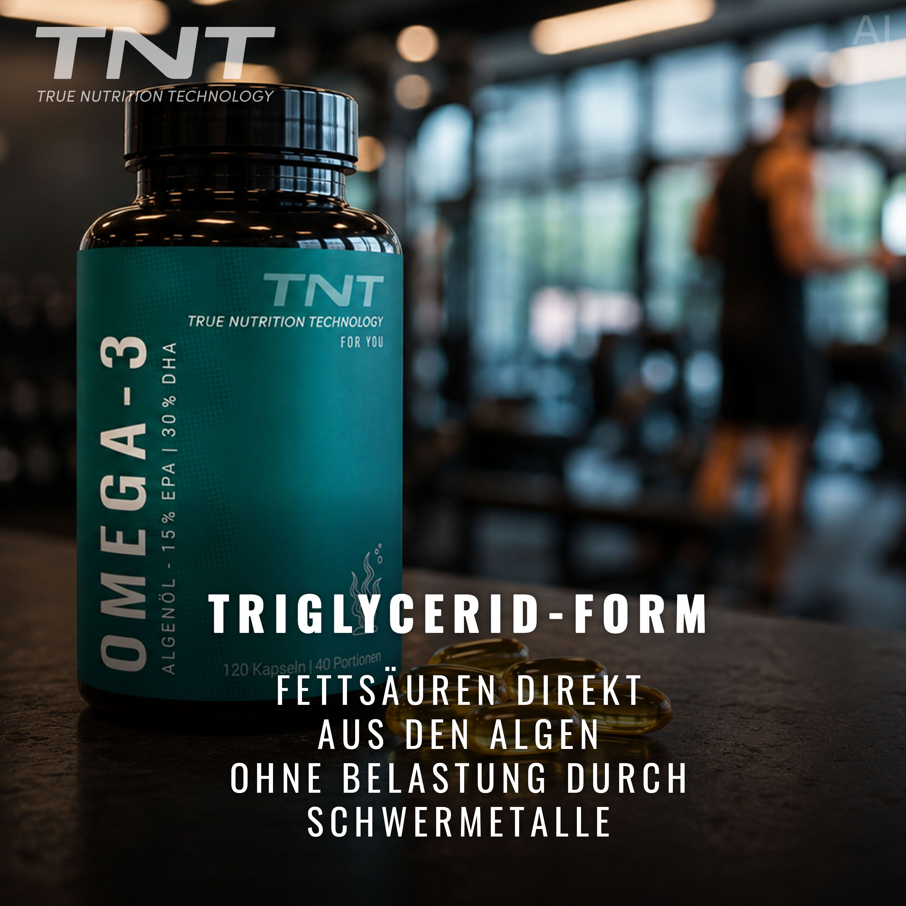 Flasche TNT Omega-3 Algenöl Kapseln in Triglycerid-Form, ohne Schwermetalle.