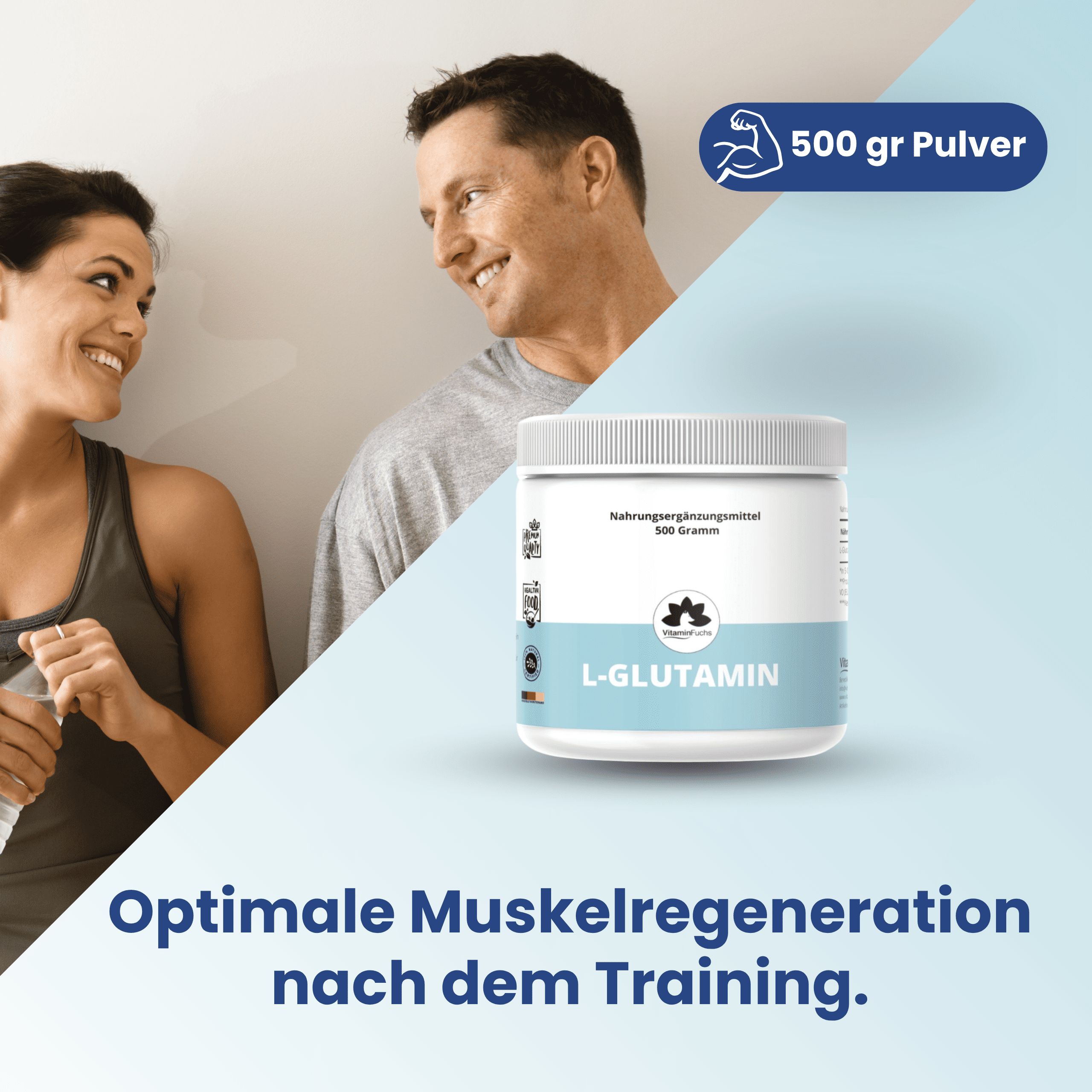 Mann und Frau in Sportkleidung. Im Hintergrund: Behälter mit L-Glutamin. Text: Optimale Muskelregeneration nach dem Training. Logo VitaminFuchs.