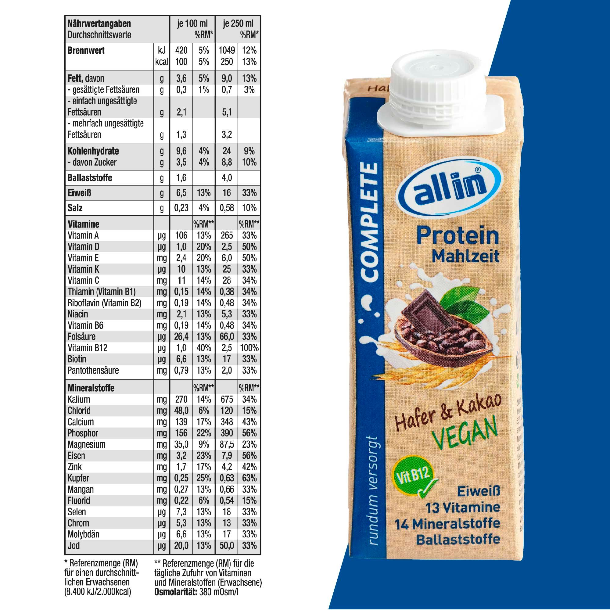 Nahaufnahme einer all in® COMPLETE VEGAN Protein Mahlzeit Hafer & Kakao Packung mit Nährwertangaben.