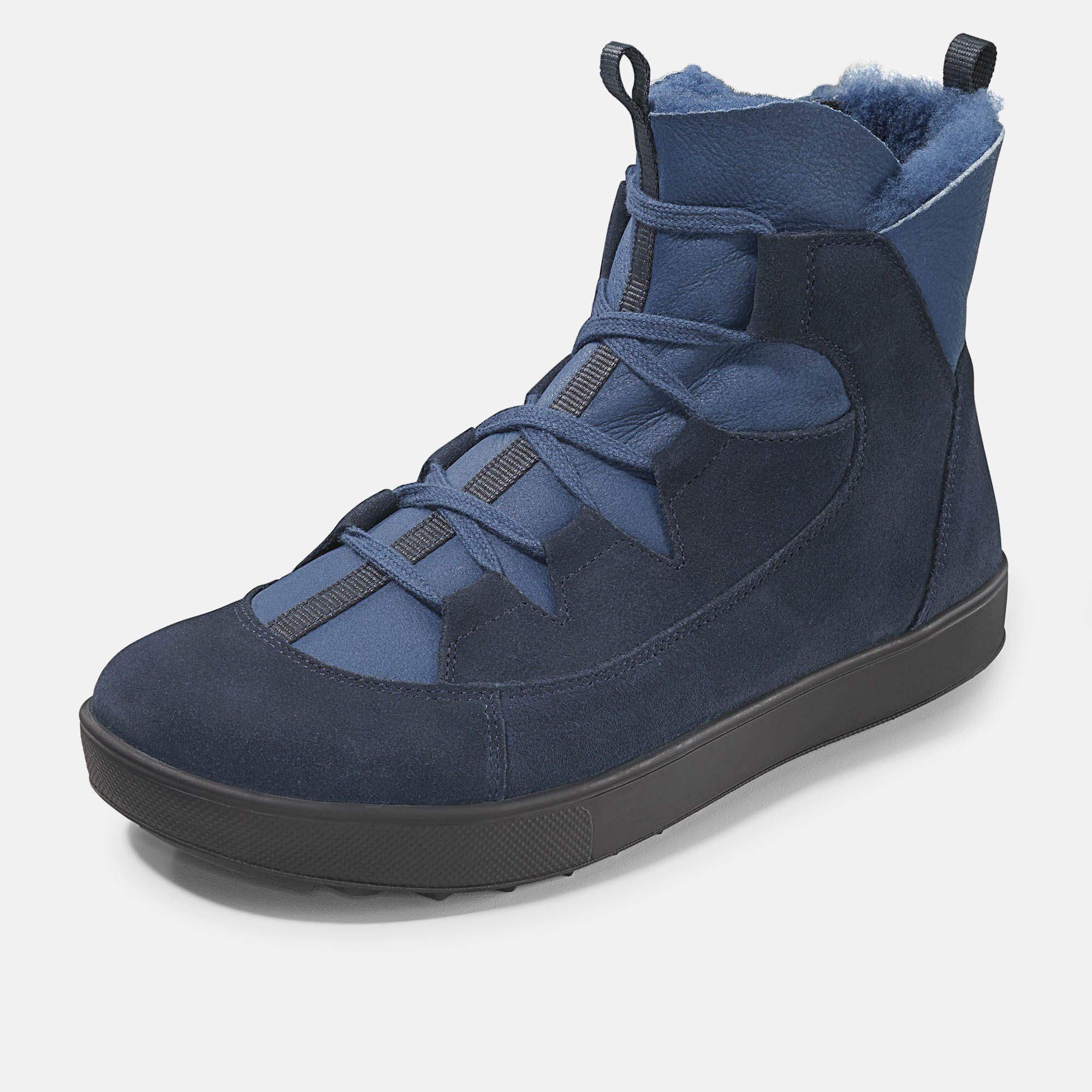 Dunkelblaue Damen-Stiefelette, schräge Vorderansicht, mit Schnürung und Lammfell.