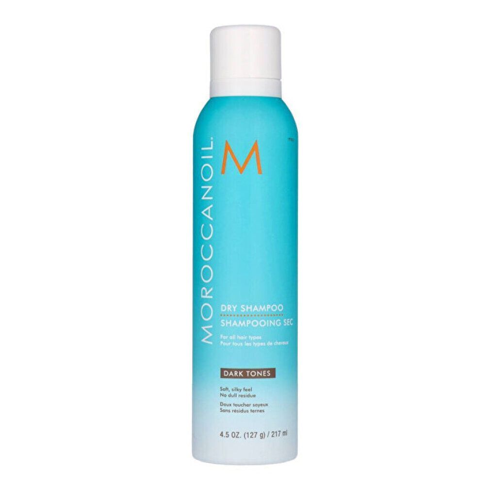 Türkisblaue Sprühflasche mit weißem Deckel. Aufschrift: Moroccanoil, Dry Shampoo, Dark Tones. Inhalt: 127 g.