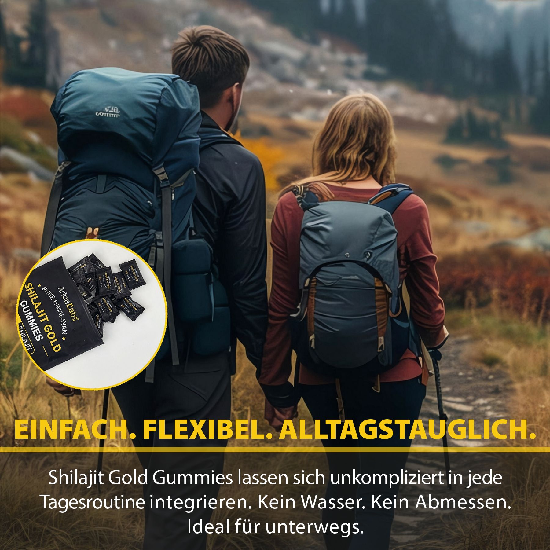 Paar wandert. Schwarze Verpackung mit Gummibärchen. Text: Shilajit Gold Gummies, einfach in jede Tagesroutine integrieren.