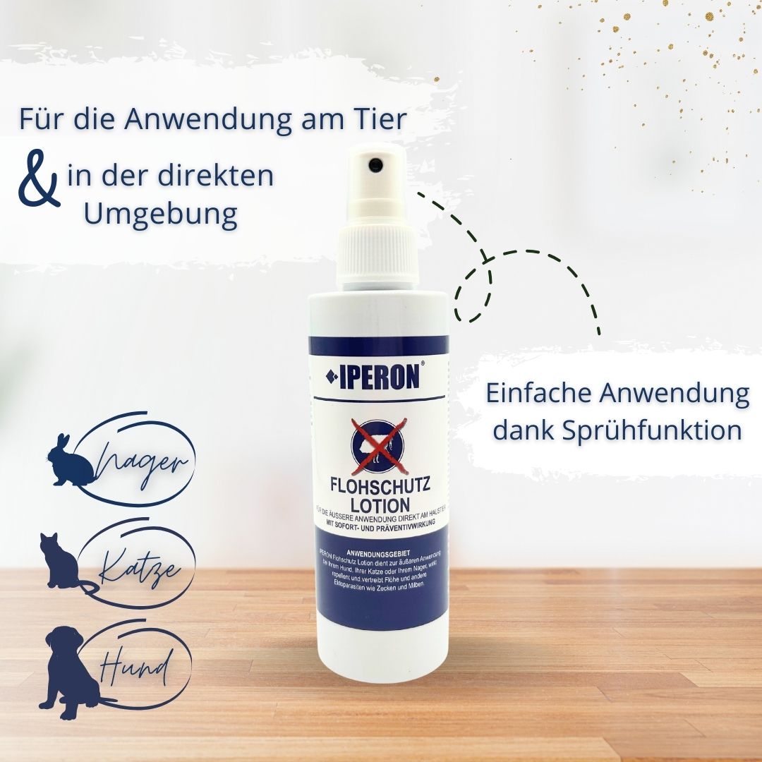 IPERON® Flohschutz Lotion mit Symbolen für Hund, Katze und Kaninchen.