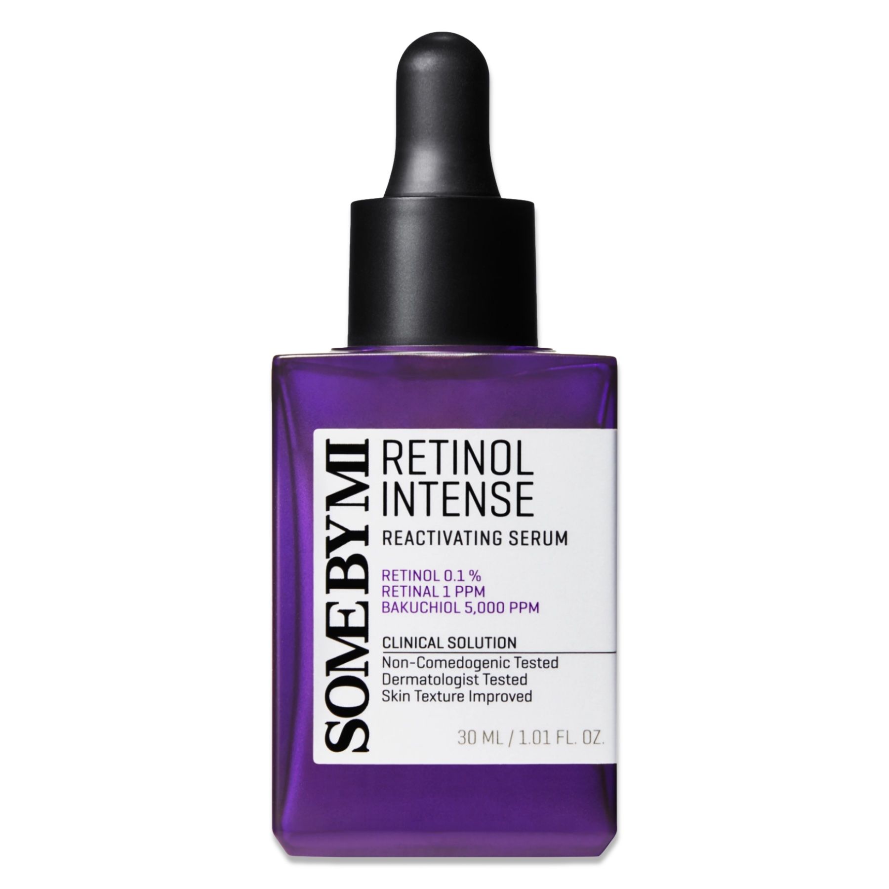 Violette Flasche mit schwarzem Deckel und Pipette. Text: RETINOL INTENSE, SOME BY MI, 30 ml.