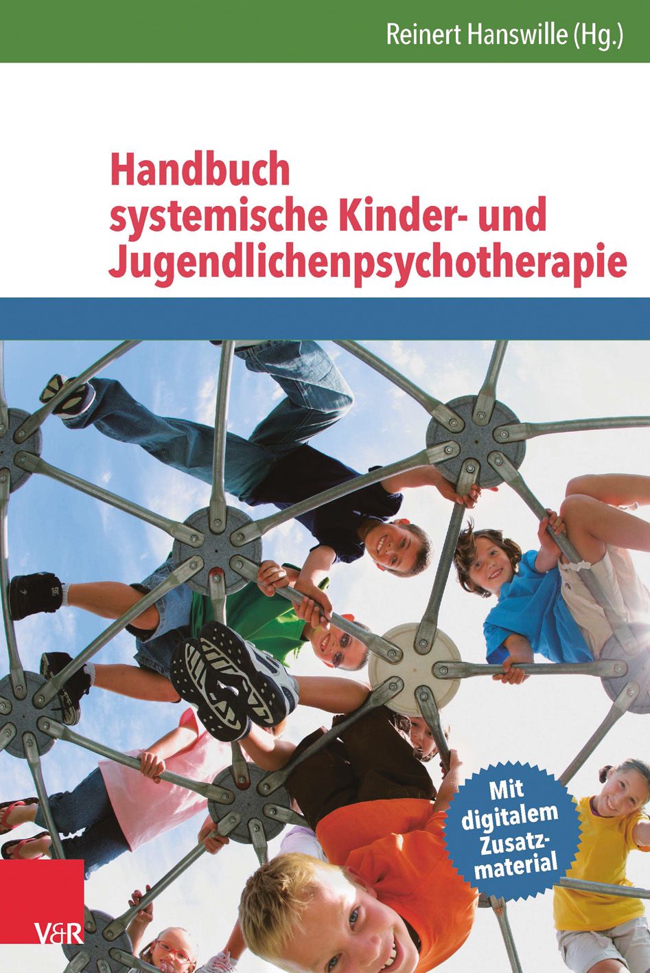 Buchcover: Handbuch systemische Kinder- und Jugendlichenpsychotherapie. Titel in Rot. Kinder auf Spielgerüst.