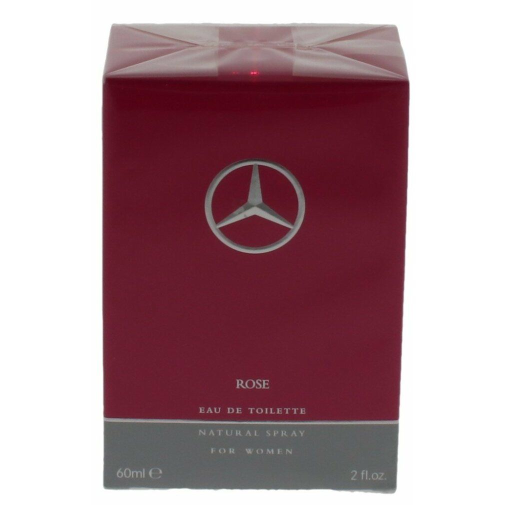 Rote Verpackung mit Mercedes-Benz Logo. Text: ROSE, Eau de Toilette, Natural Spray, For Women. Grauer Streifen unten. 60ml, 2 fl.oz.