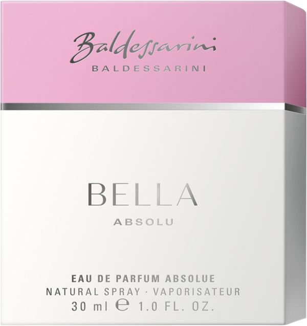 Baldessarini Bella Absolue EdP Nat. Spray. Rechteckiger Karton, rosa Deckel, weißer Unterteil. Schriftzug: Baldessarini, Bella Absolu.