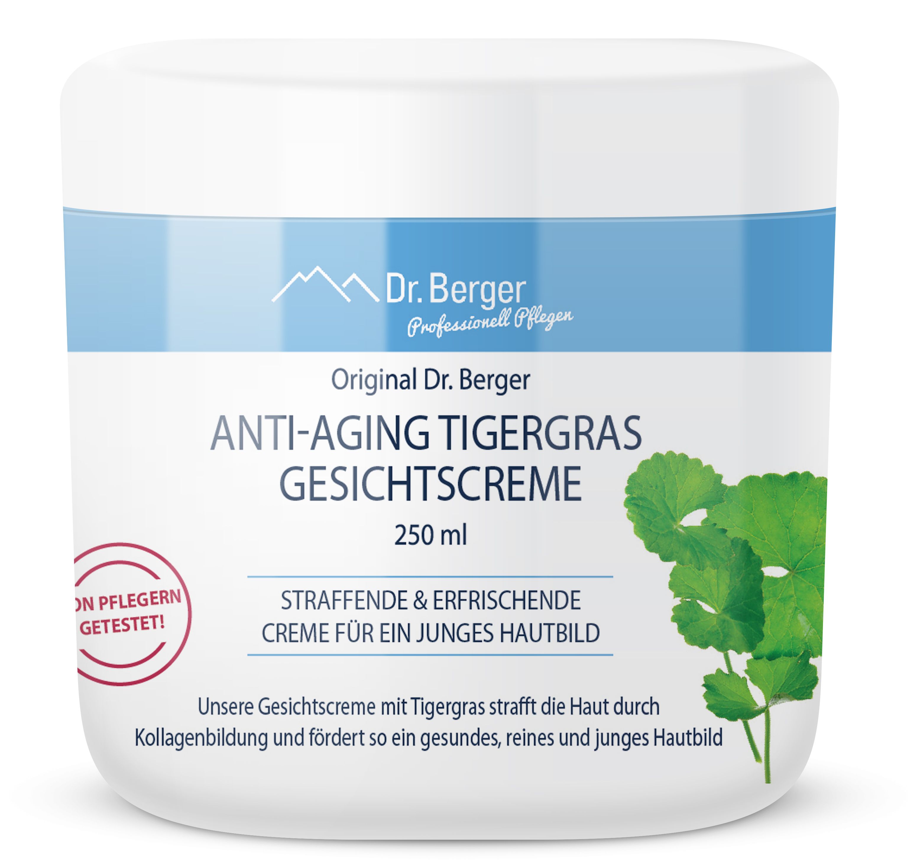 Weißer Tiegel mit "Anti-Aging Tigergras Gesichtscreme" von Dr. Berger. Text: "Straffende & erfrischende Creme".