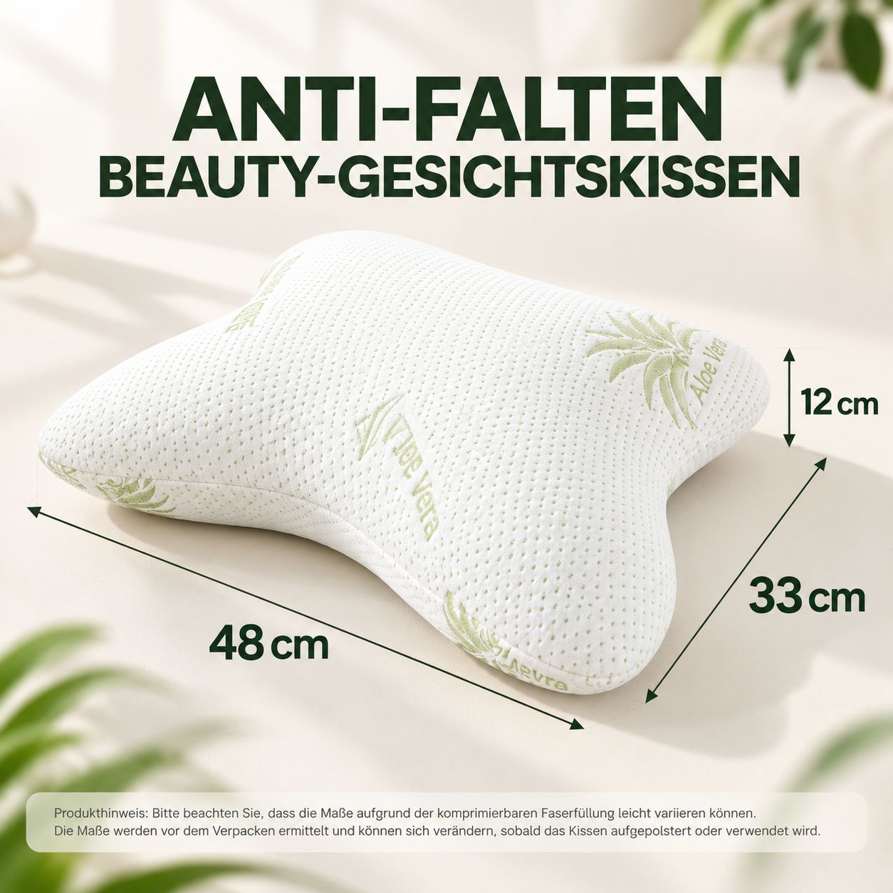 Ergonomisches Kissen mit Maßen 48x33x12 cm, weiß mit Aloe Vera Muster.