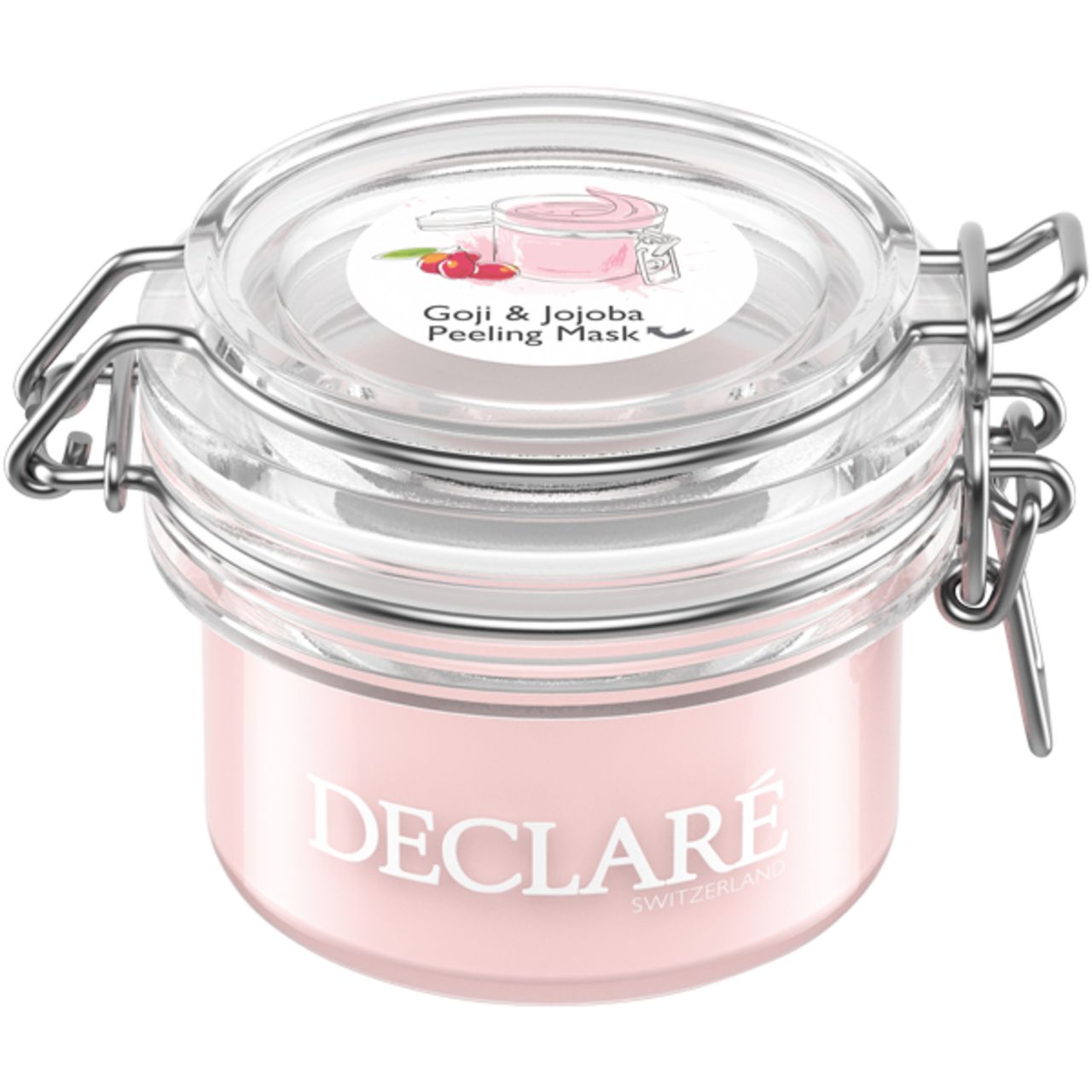 Glasbehälter mit rosa Inhalt und Deckel. Aufschrift DECLARE und Goji & Jojoba Peeling Mask.