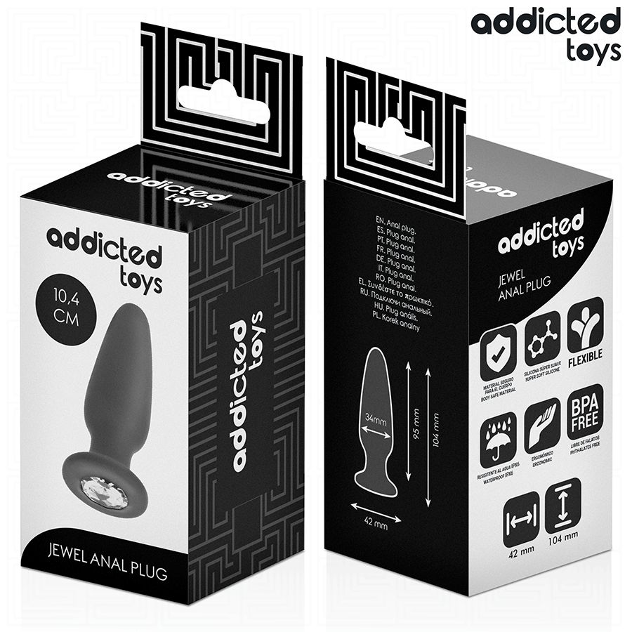 Verpackung mit Analplug. Box mit Produktabbildung und Maßangaben. Marke: Addicted Toys. Text: Jewel Anal Plug.