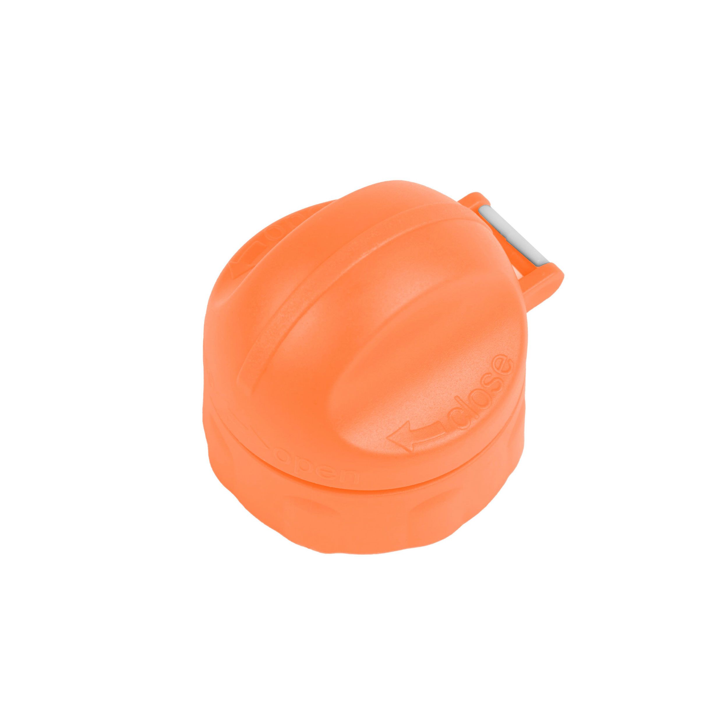 Orangefarbener Deckel einer Trinkflasche. Der Deckel ist geschlossen und hat eine runde Form.