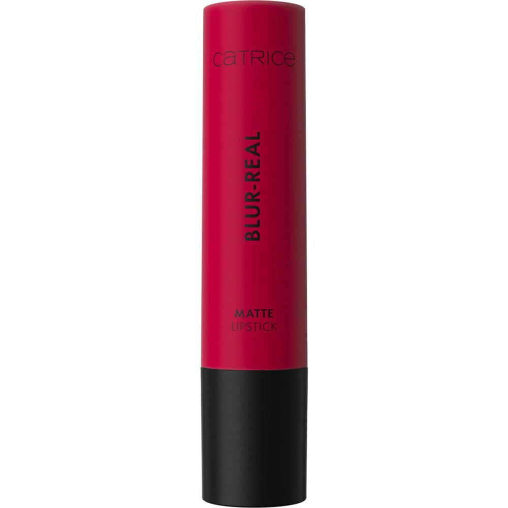 Catrice Blur-Real Matt Lippenstift. Rote Hülse mit schwarzem Boden. Schriftzug: Blur-Real, Matte Lipstick.