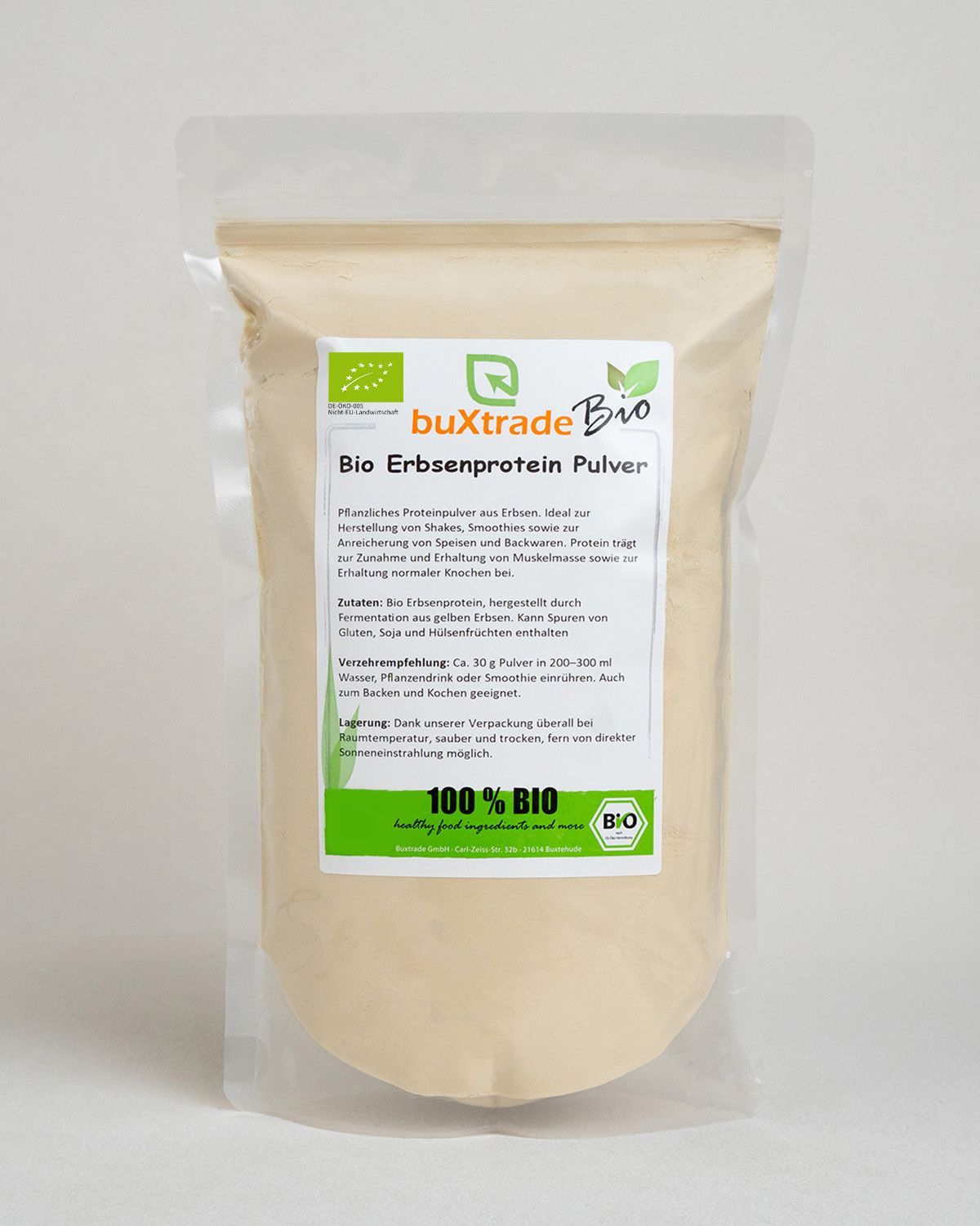 Verpackung von buxtrade Bio Erbsenprotein Pulver mit Bio-Siegel.