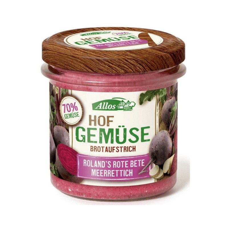 Glas mit Aufstrich. Aufschrift: Hofgemüse, Rote Bete Meerrettich. Deckel aus Holz. 70% Gemüse.
