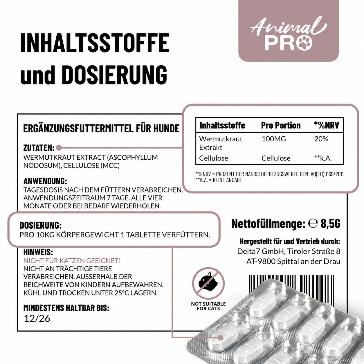 Inhaltsstoffe und Dosierung von Relax-Tabletten für Hunde. Blisterpackung.