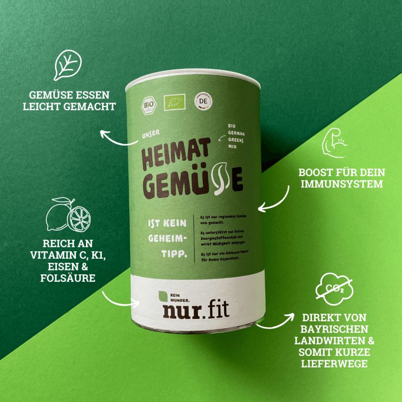 Zylindrische Dose "Heimat Gemüse Mix" mit Text und Illustrationen. Enthält Informationen über Inhaltsstoffe und Zubereitung. Marke: nur.fit.