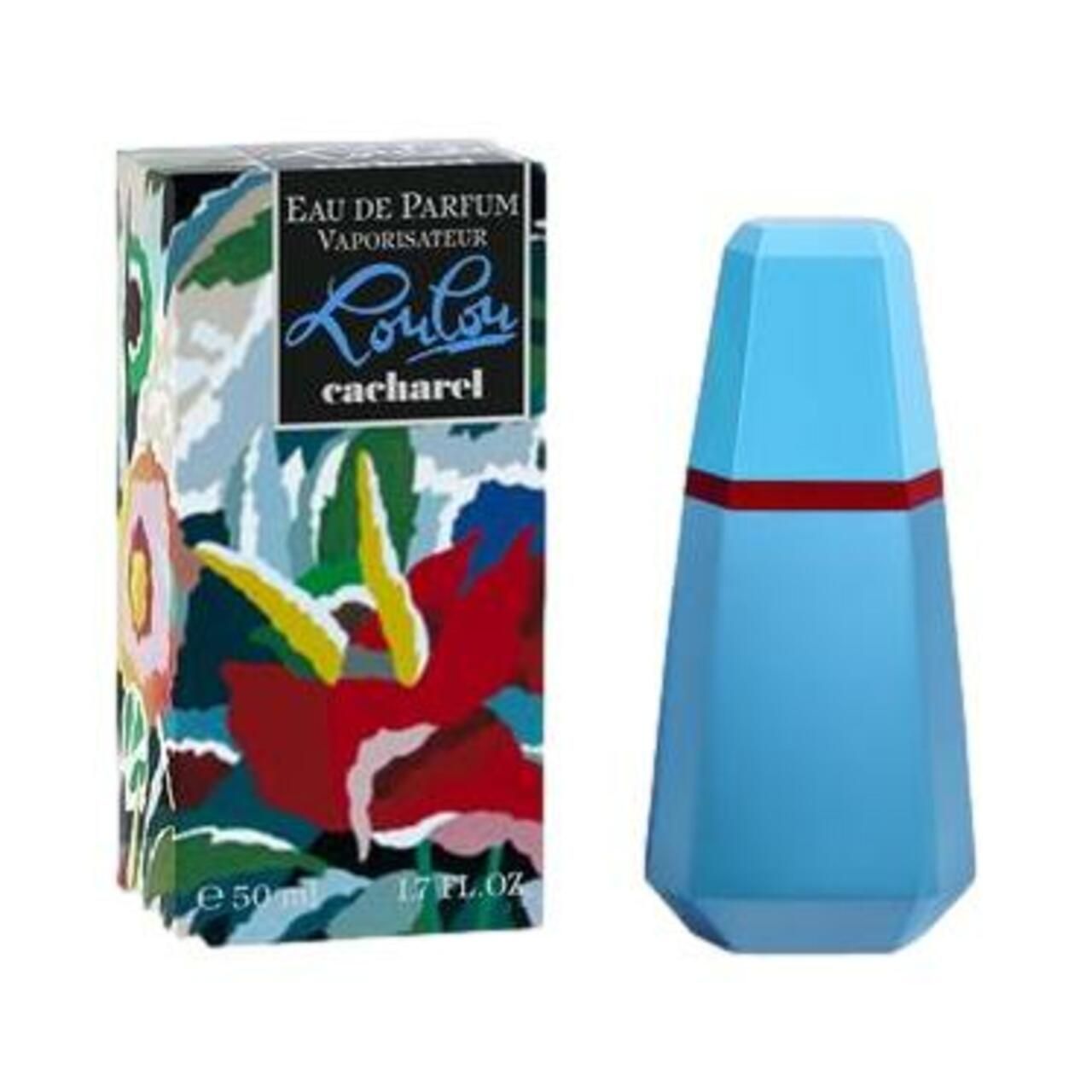 Hellblaues Parfümflakon mit rotem Band, neben einer Schachtel mit floralem Design und dem Schriftzug "LouLou cacharel".